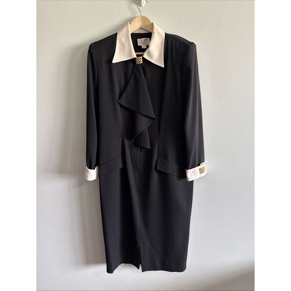 Caron Callahan Vintage Black White Collar Dress Size 12 Made‎ USA Gold Button